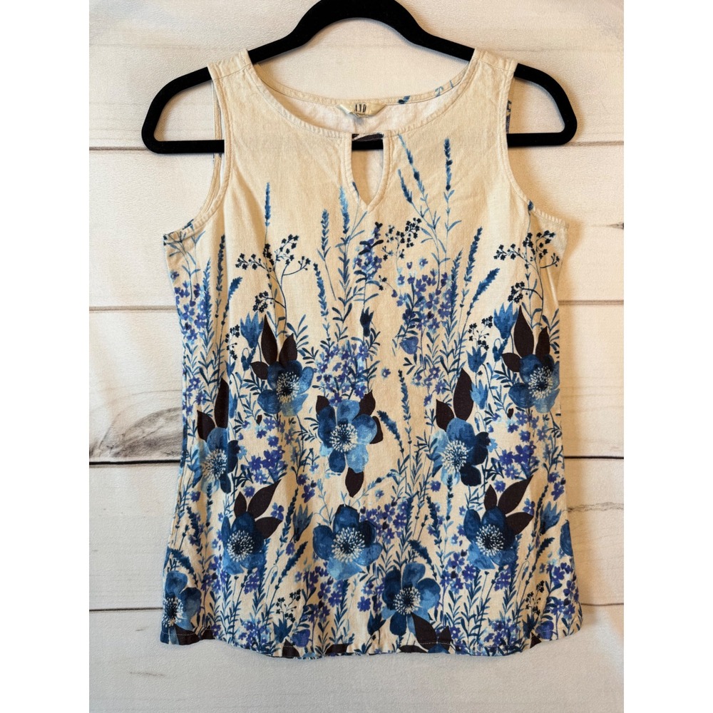 AND Women Blue Floral Botanical Linen Blend Keyhole Sleeveless Tank Top Size 12
